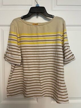 Ruby Rd. Petite Beige, White & Yellow Striped Short Sleeve Top